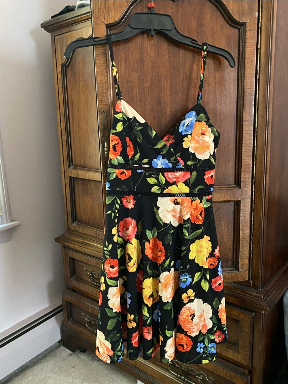 Black Floral Spaghetti-Strap Mini Dress with Multicolor Blooms